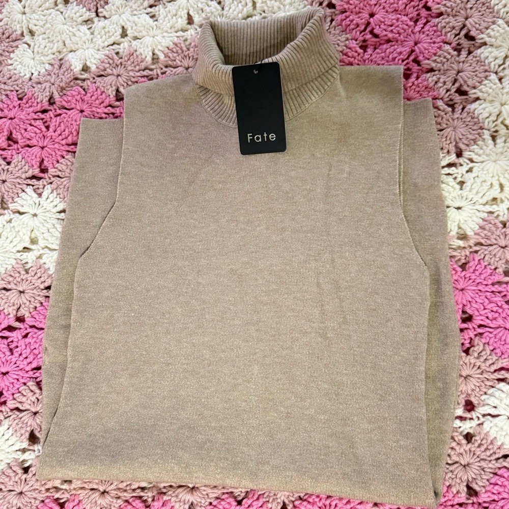 Fate Taupe Sleeveless Turtleneck Knit Midi Dress